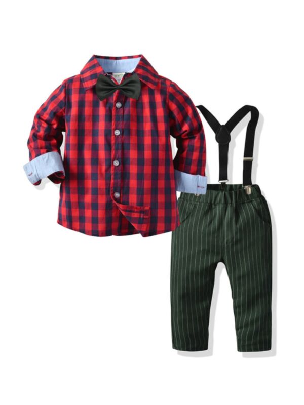 2 Pieces Kid Boy Set Bow Tie Plaid Shirt & Suspender Stripe Trousers