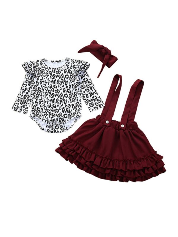 3 Pieces Baby Girl Set Leopard Bodysuit & Suspender Skirt & Headband