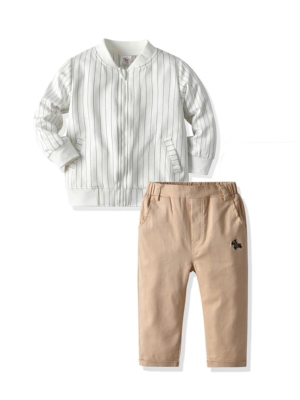 2 Pieces Kid Boy Stripe Bomber Jacket & Khaki Pants Set