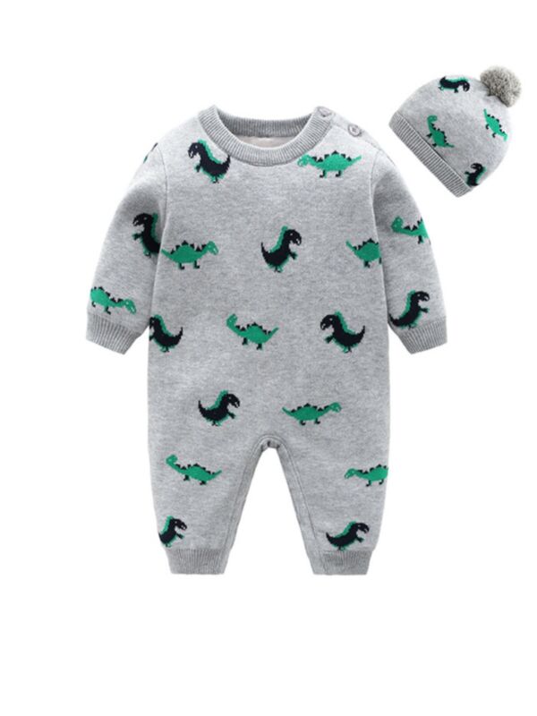 Baby Boy Dinosaur  Knit Jumpsuit With Hat In Gray