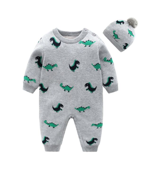 Baby Boy Dinosaur Knit Jumpsuit With Hat In Gray