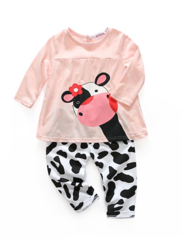2 Pieces Baby Girl Cow Print Top & Pants Set