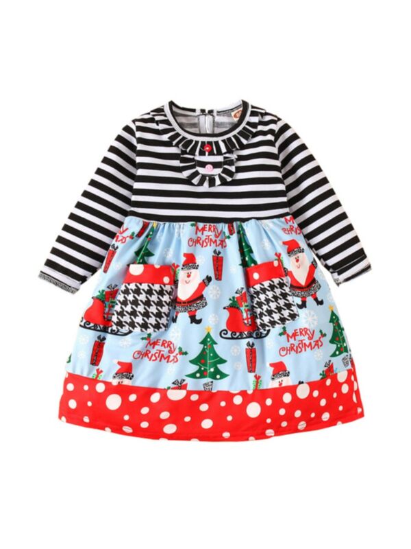 Kid Girl Christmas Patched Stripe Dress