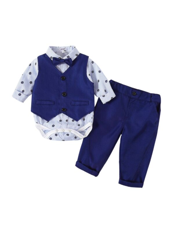 3 Pieces Baby Boy Outfit Print Bowtie Bodysuit & Vest & Pants