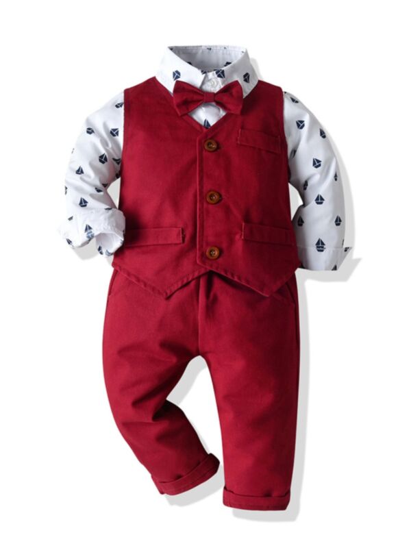3 Pieces Kid Boy Outfit Allover Print Bow-tie Shirt & Vest & Pants