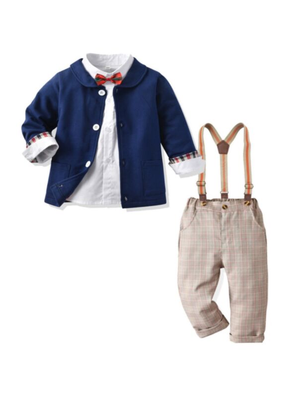 3 Pieces Infant Toddler Boy Outfit Bow Tie Shirt & Plaid Suspender Pants & Jacket