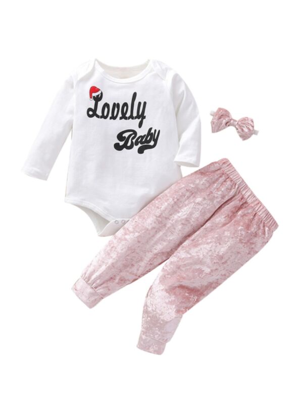 3 Pieces Lovely Baby Letter Velvet  Set Bodysuit & Pants & Headband