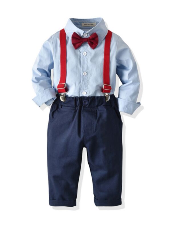 2 Pieces Kid Boy Gentleman Set Plain Bowtie Shirt & Suspender Pants