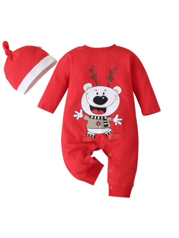 2 Pieces Baby Red Cartoon Christmas Jumpsuit & Hat 