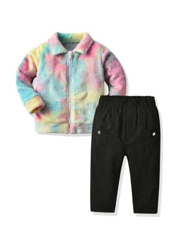 2 Pieces Kid Girl Tie Dye Faux Fur Jacket & Pants