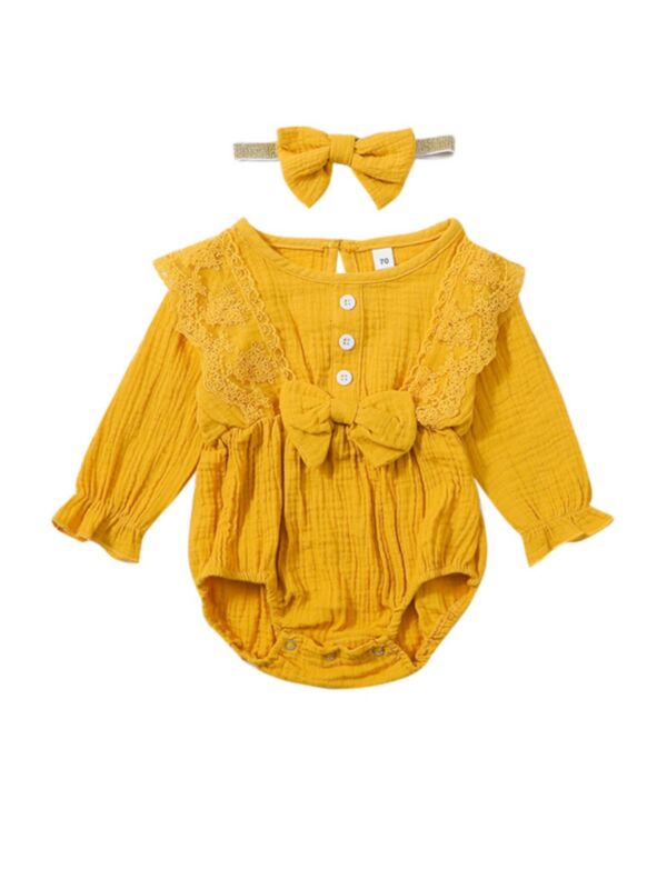 2 Pieces Baby Girl Lace Bow Front Muslin Bodysuit & Headband