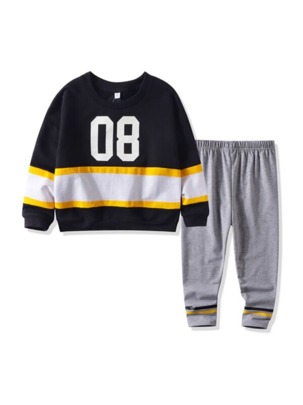 2 Pieces Kid Number 08 Color Blocking Sweatshirt & Trousers Set