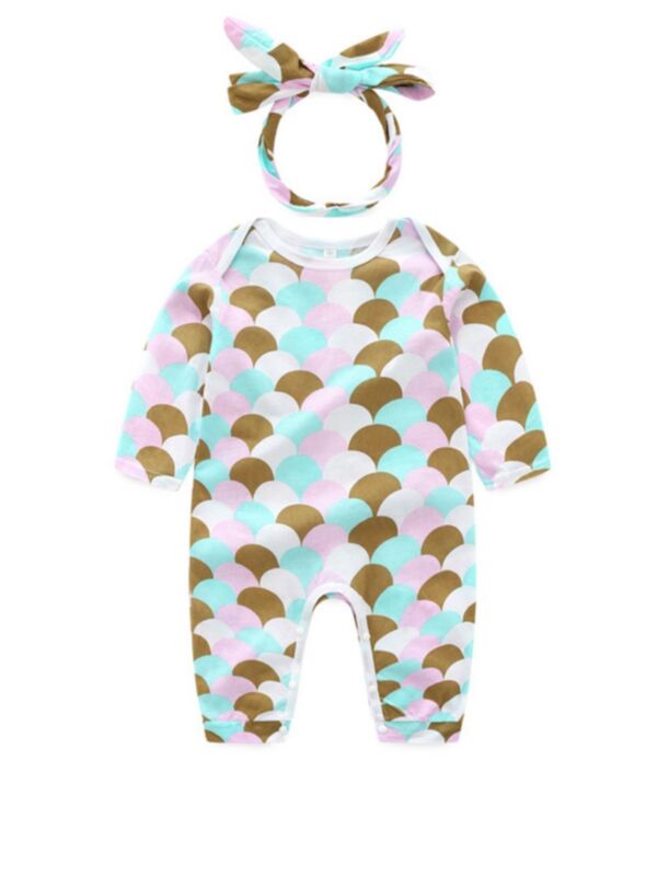 2 Pieces Baby Girl Fish Scales Print Jumpsuit & Headband