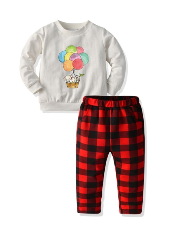 2 Pieces Kid Girl Bear Balloon Top & Plaid Pants