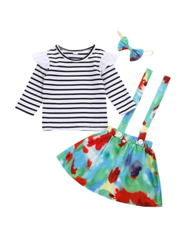 3 Pieces Kid Girl Set Stripe Tee & Tie Dye Suspender Skirt & Headband