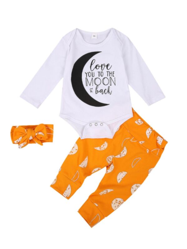 3 Pieces Baby Girl Set Moon & Letter Bodysuit & Pants & Headband