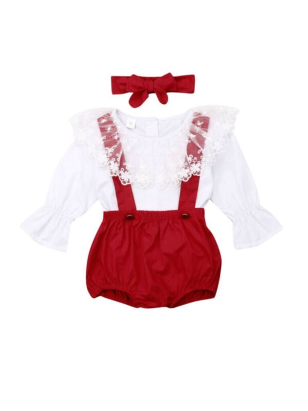 3 Pieces Baby Girl Lace Top & Suspender Shorts & Headband