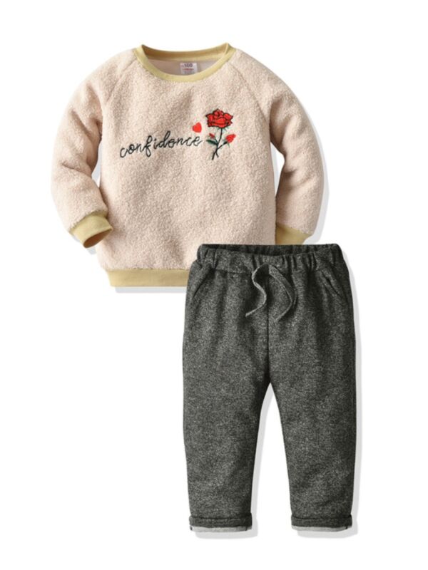 2 Pieces Kid Girl Embroidery Rose Fleece Pullover Top & Belted Trousers Set