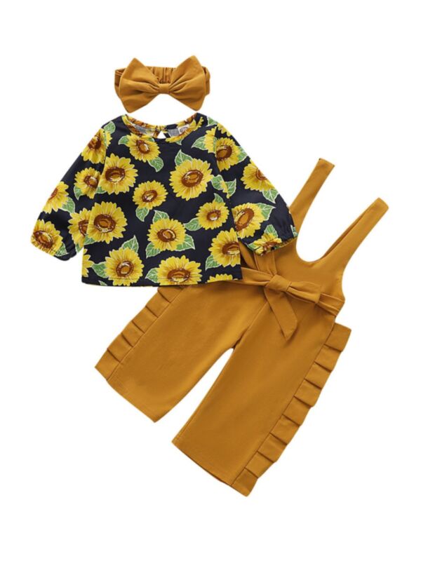 3 Pieces Baby Girl Sunflower Top & Ruffle Suspender Pants & Headband