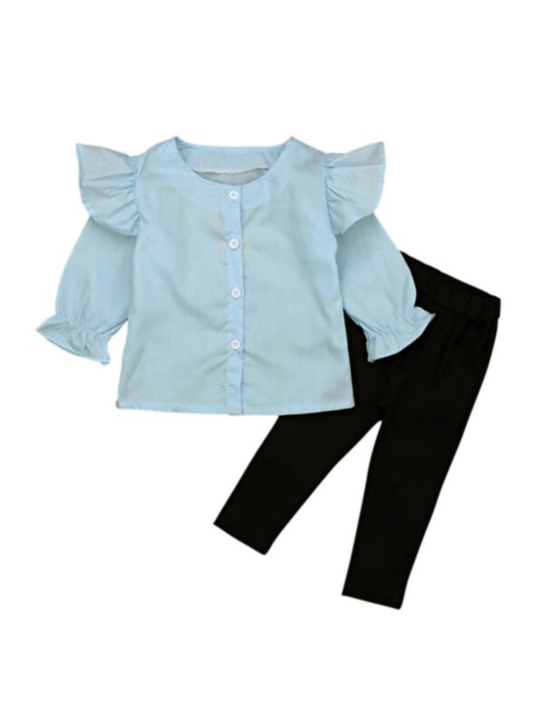 2 Piece Kid Girl Flared Sleeve Blouse With Trousers Set