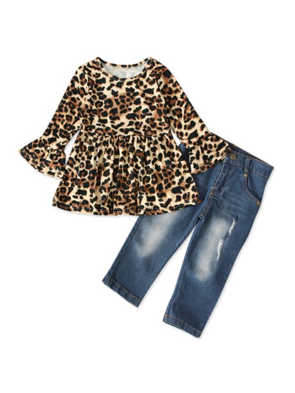 2 Pieces Kid Girl Leopard Set Flared Sleeve Top Matching Jeans