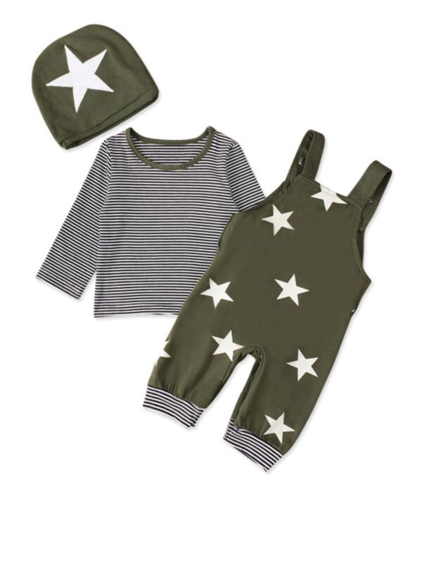 3 Pieces Baby Boy Set Star Top & Stripe Suspender Pants & Hat