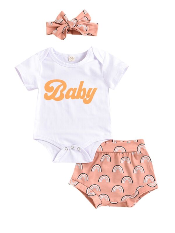 3 Pieces Baby Girl Set White Bodysuit & Rainbow Print Shorts & Headband