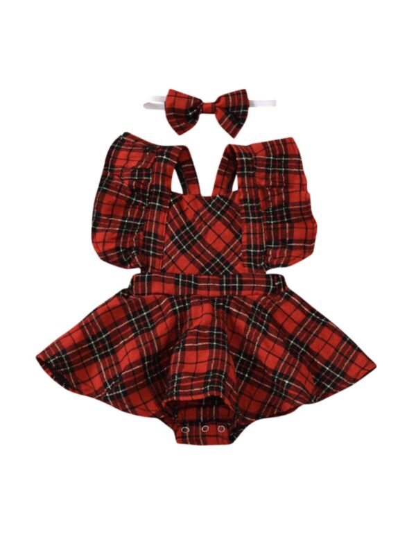 2 Pieces Baby Girl Plaid Flutter Sleeve Dress Bodysuit & Headband