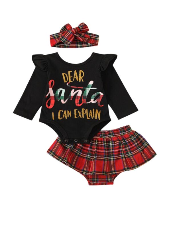 3 Pieces Baby Girl Christmas Set Letter Bodysuit & Plaid Skirt & Headband