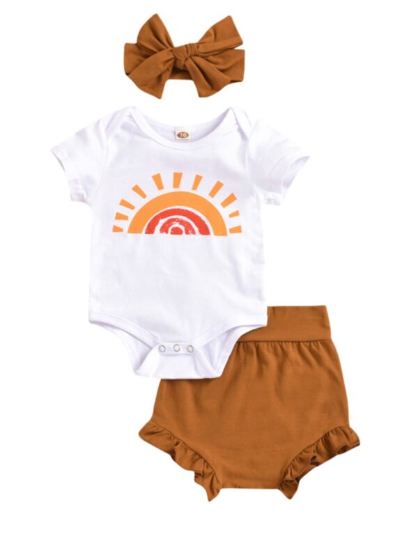 3 Pieces Baby Girl Set Sun Print Bodysuit & Brown Shorts & Headband