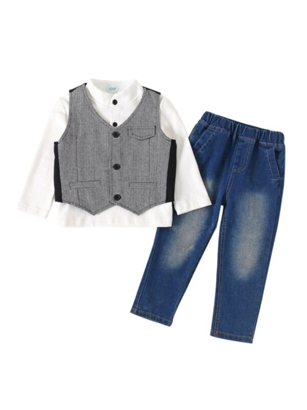 3 Pieces Toddler Boy Outfit Top & Vest & Jeans