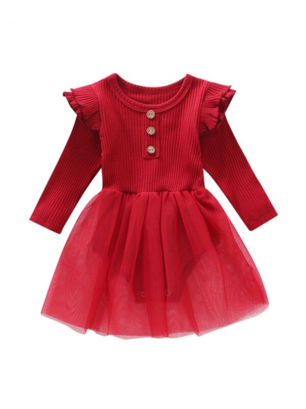 Infant Girl Rib Knit Patchwork Mesh Bodysuit Dress