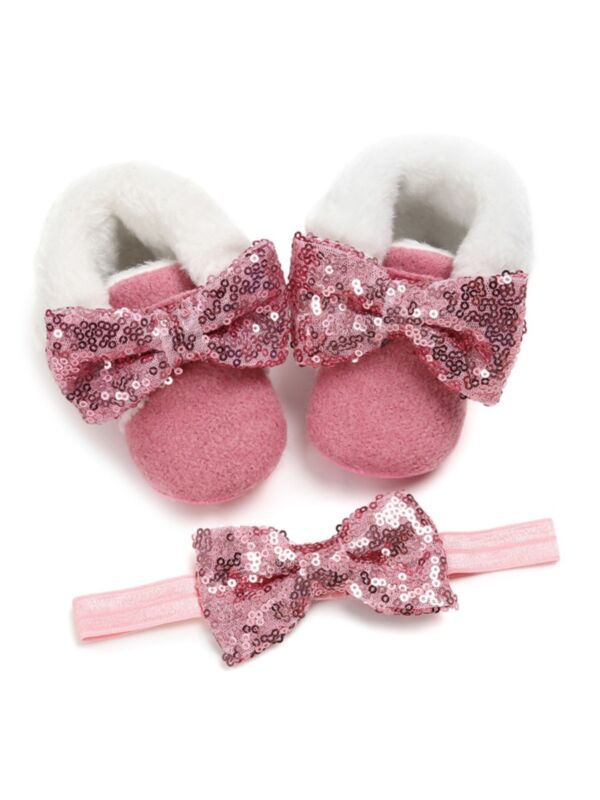 2 Pieces Baby Girl Sequins Bow Boots & Headband