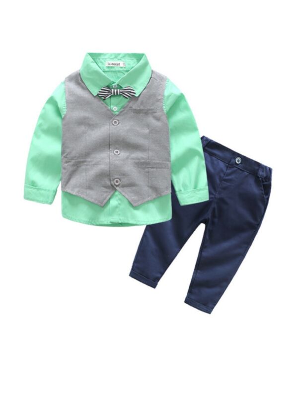 3 Pieces Kid Boy Green Shirt & Gray Vest & Blue Pants Formal Set