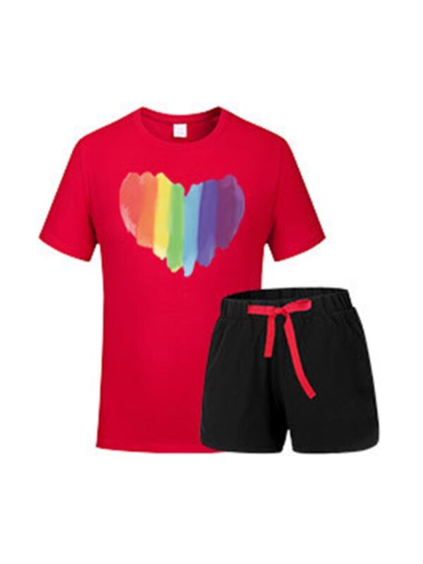 2-Piece Kid Rainbow Love Heart Set Top Matching Drawcord Shorts