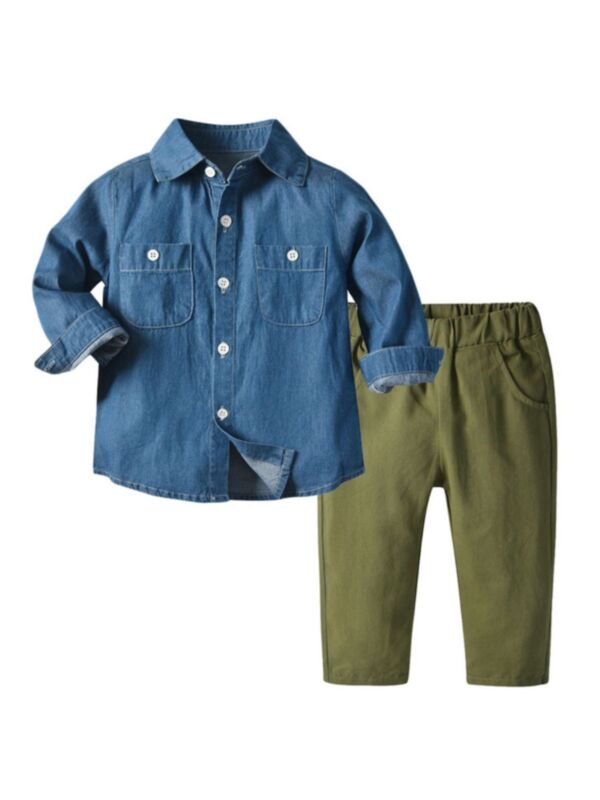 2 Pieces Baby Kid Boy Denim Shirt Matching Army Green Pants Set