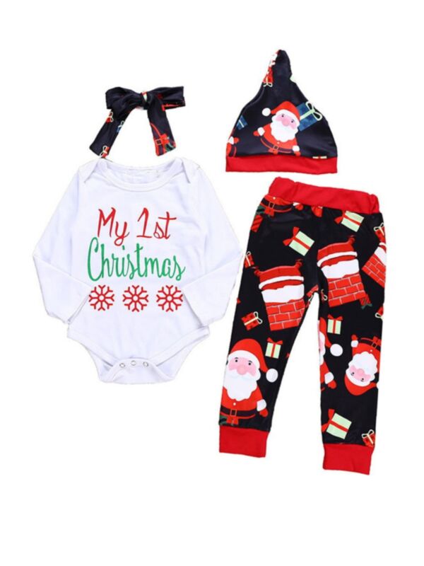 4 Pieces Infant My 1st Christmas Snowflake Bodysuit & Santa Print Pants & Hat & Headband Set