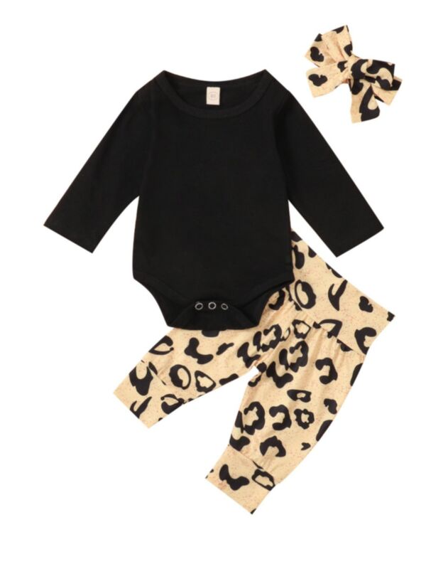 3 Pieces Baby Bodysuit & Leopard Pants & Headband Outfit