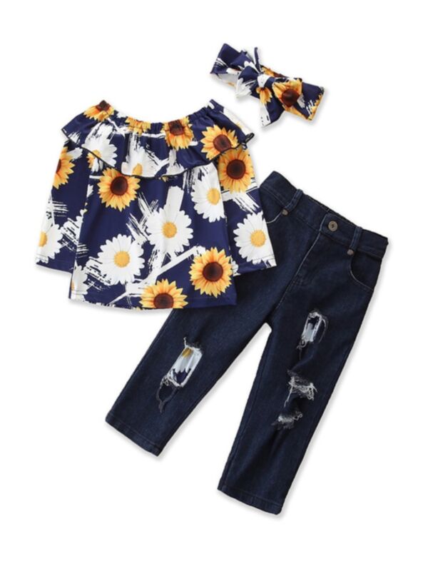 3 Pcs Kid Girl Off Shoulder Sunflower Top & Ripped Jeans & Headband