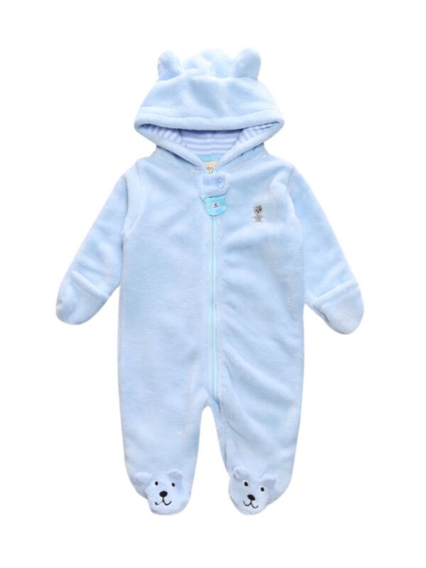 Infant Bear Style Coral Fleece Plain Footed Jumpsuit