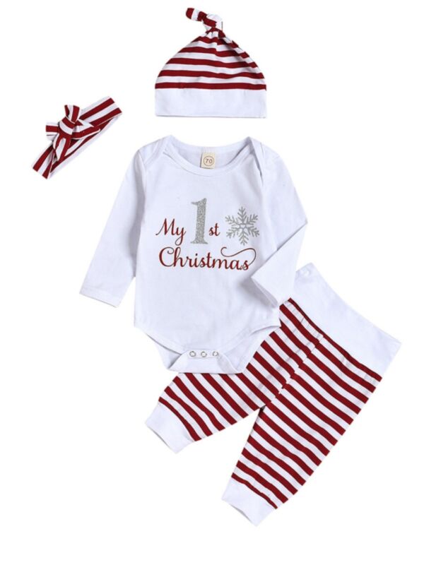 4 Pieces Baby My First Christmas Stripe Set Bodysuit & Pants & Hat & Headband