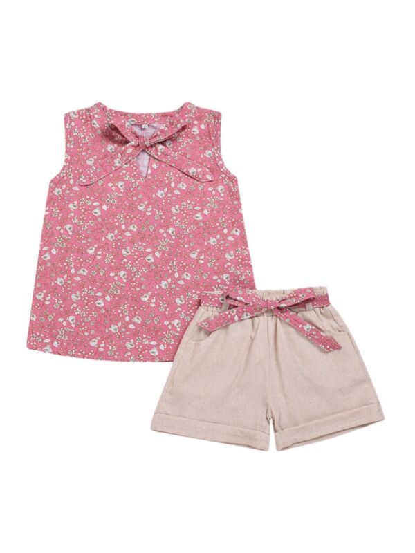 Two-piece Kid Girl Floral Top And Belted Shorts Set