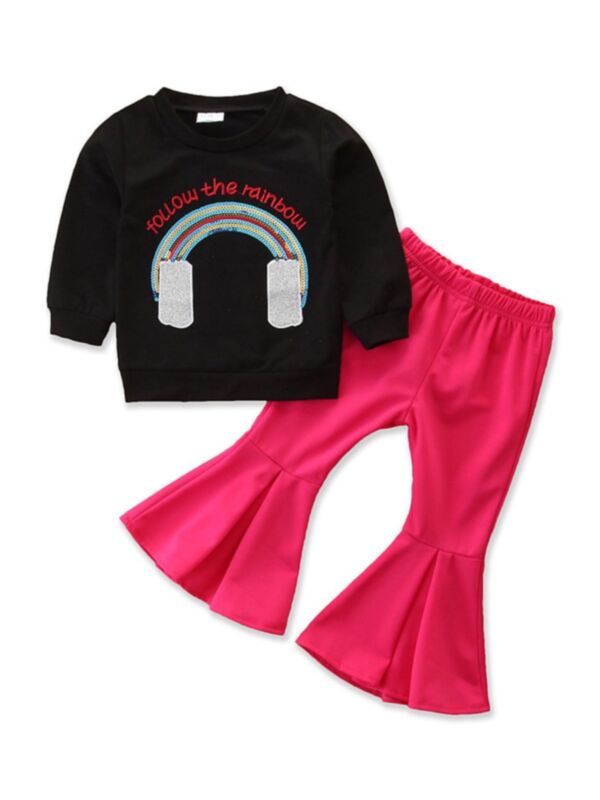 2 Pieces Kid Girl Set Sequins Rainbow Sweatshirt & Flared Pants