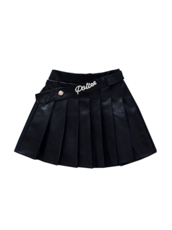 Toddler Girl Letter  Black PU Pleated Skirt