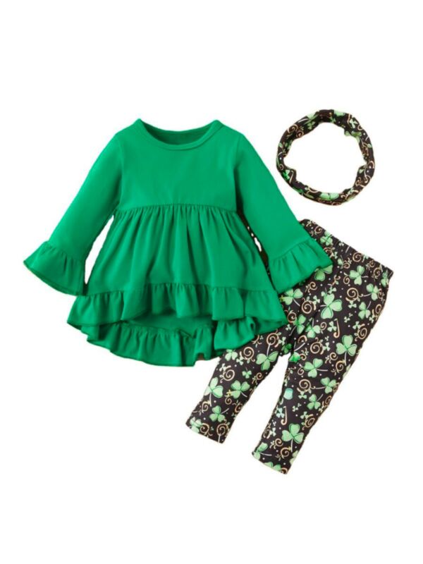 3 Pieces Kid Girl Hi-Lo Hem Green Top & Clover Print Pants & Headband Set