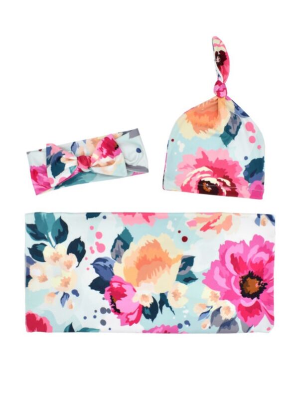 3 Pieces Baby Print Swaddles Blanket & Hat & Headband Set