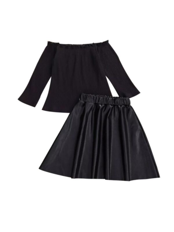 2 Pieces Kid Girl Off Shoulder Top & PU Skirt In Black 