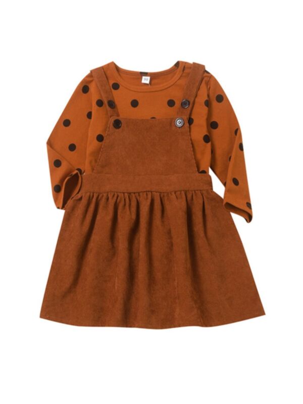2 Pieces Kid Girl Polka Dots Top With Corduroy Suspender Skirt Set