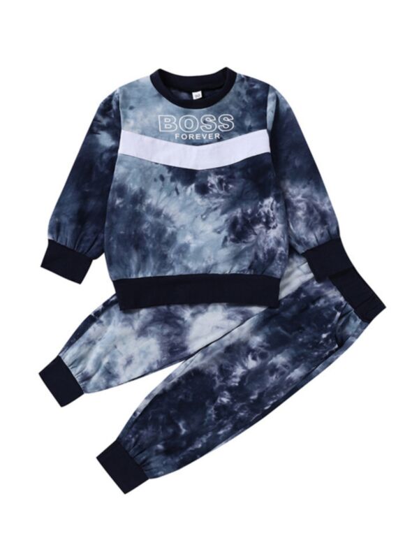 2 PCS Kid Boy Tie Dye Color Blocking Forever Boss Set Sweatshirt With Pants