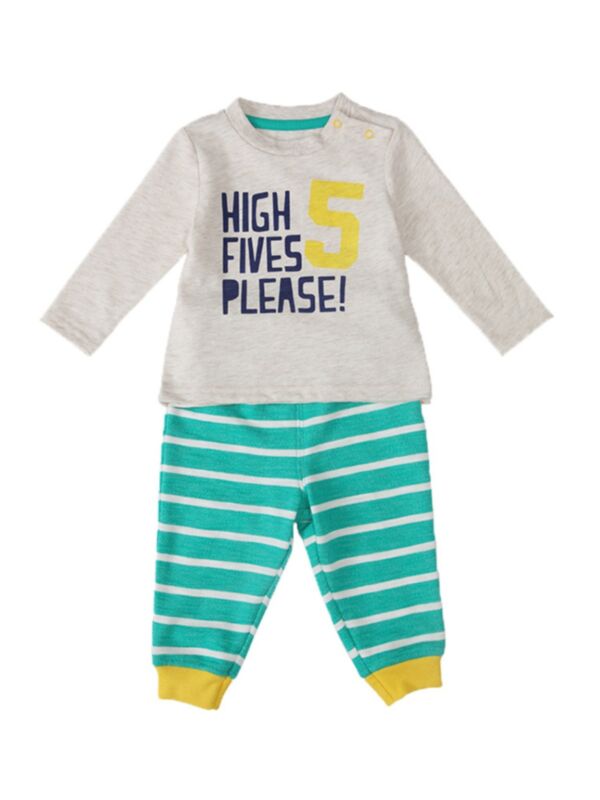 2 Pieces Baby Boy High Fives Please Set Top & Stripe Pants